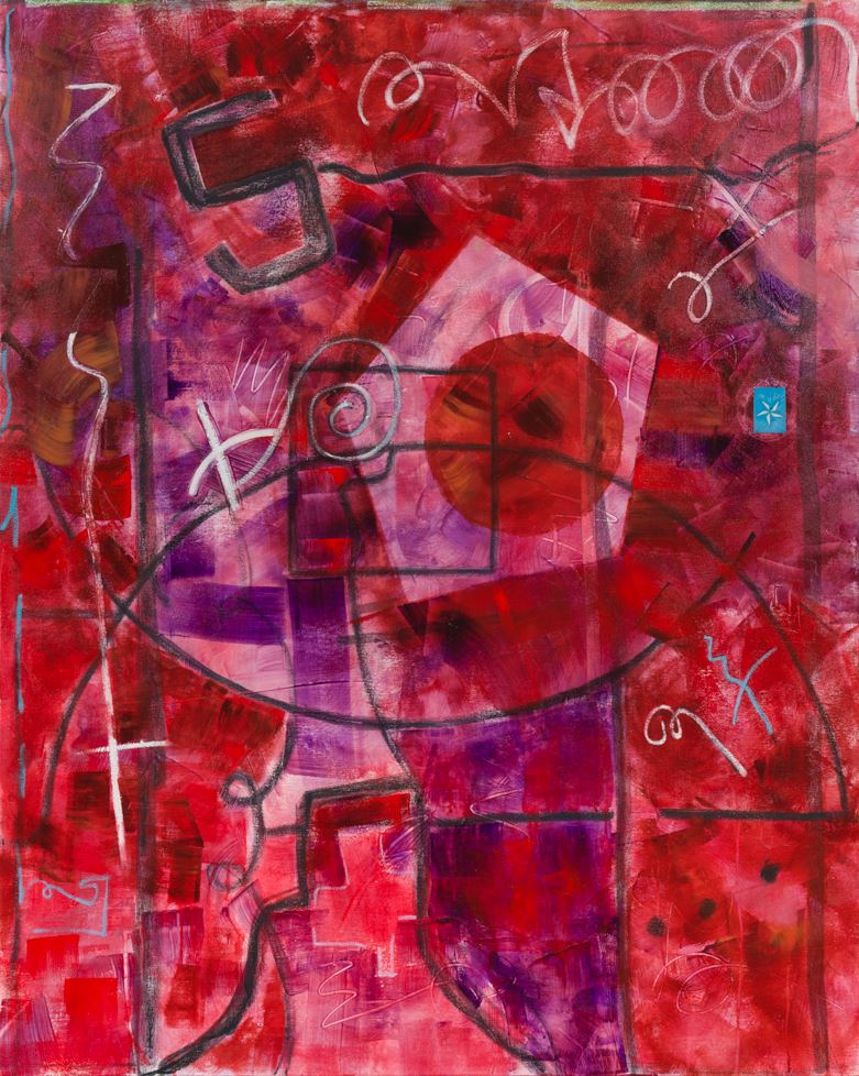 Painting with red background and red and purple abstract shapes and black and white lines