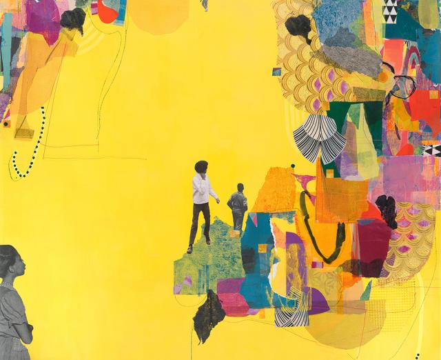 Collage with yellow background and colorful shapes and a few small figures 