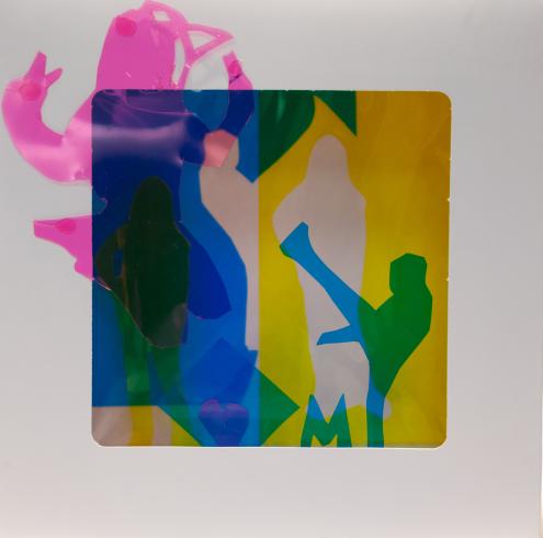 fluorescent light box with neon figurine cutouts  