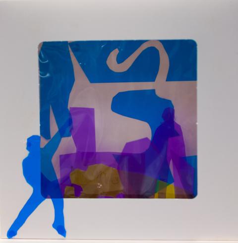 fluorescent light box with neon figurine cutouts  