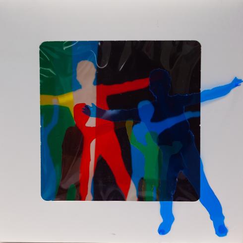 fluorescent light box with neon figurine cutouts  