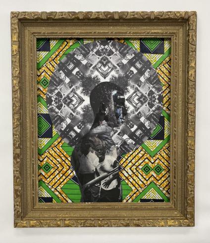 Collage of figures on abstract green and yellow patterned background with ornate gold frame