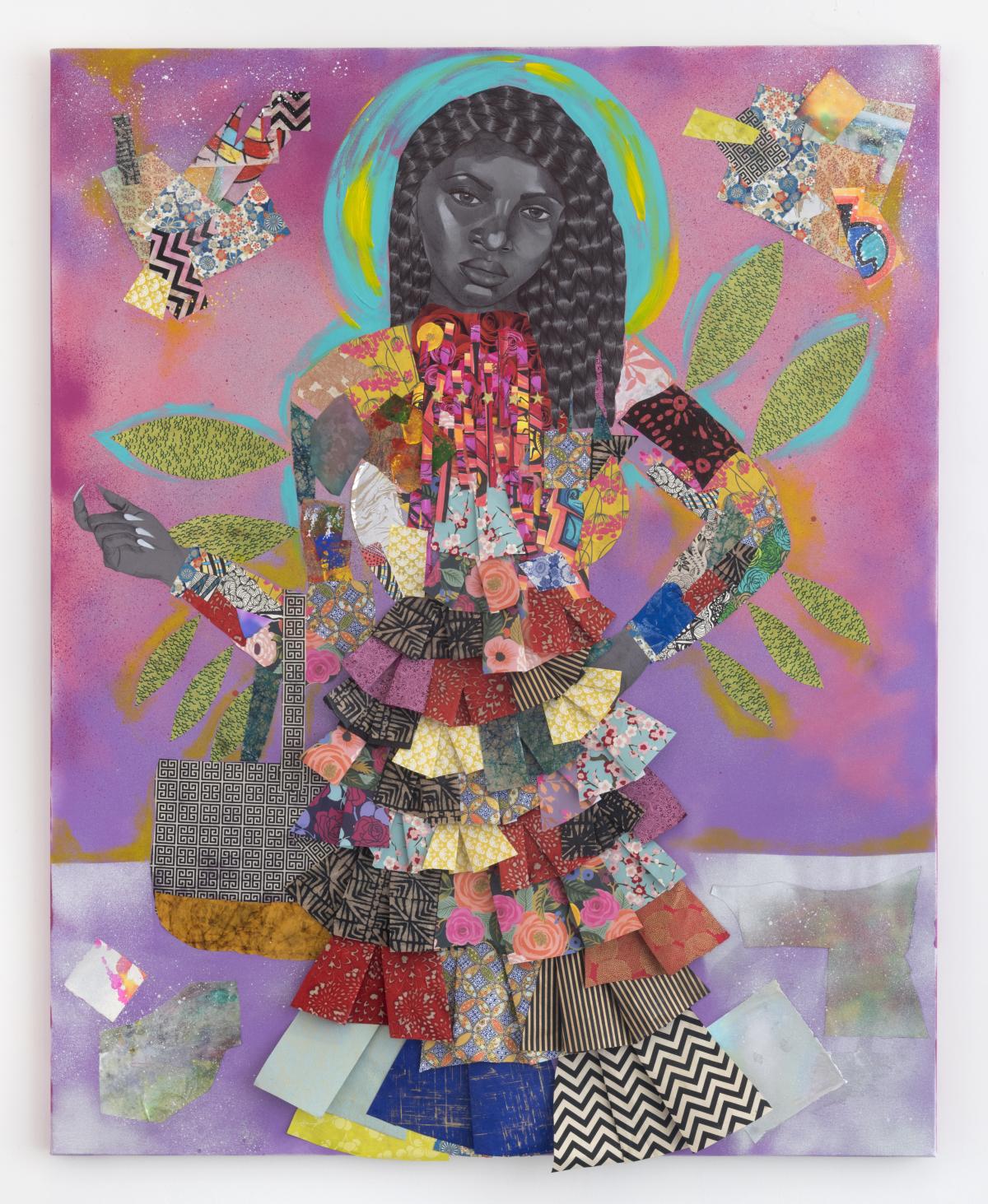 Jamea Richmond-Edwards, Archetype of a 5 Star, 2018, acrylic, spray paint, glitter, ink, and cut paper on canvas, 60 x 48 in., Rubell Museum