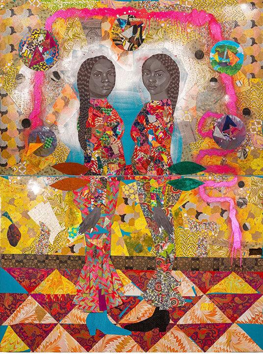 Colorful collage of two women with brightly colorful patterned shapes