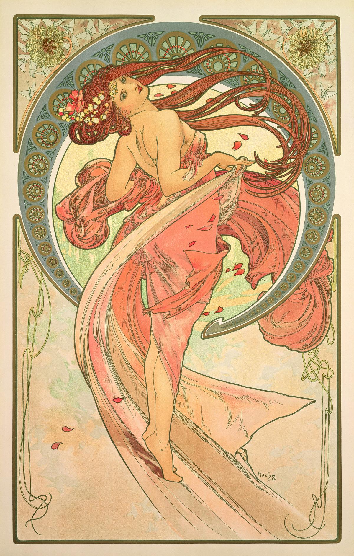 Art Nouveau illustration of a woman in flowing gown 