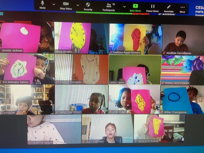 Screenshot of student showing their Dali inspired class on Zoom. 