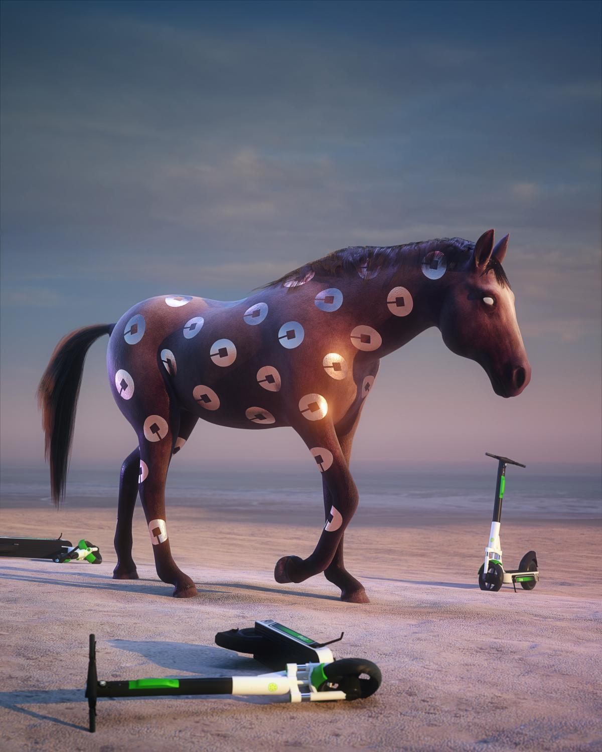 Fanciful, semi-realistic image of a horse against a hazy background, fallen motorized scooters in the foreground