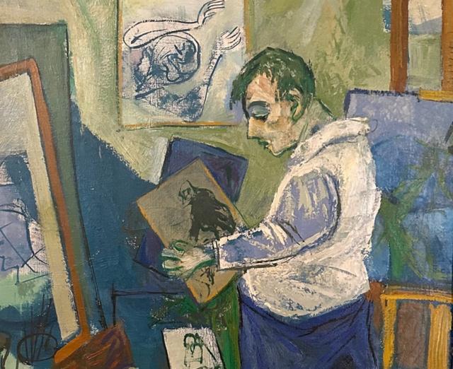 Painting by William Gropper showing an artist in a studio holding and looking at a work of art