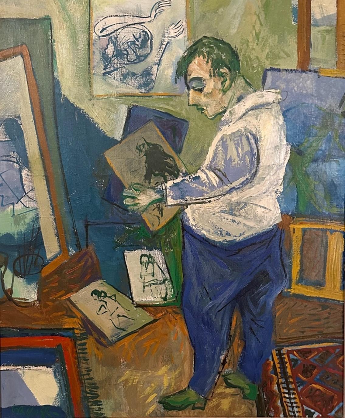 Painting by William Gropper showing an artist in a studio holding and looking at a work of art