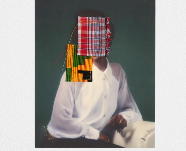 Collage of a photograph of a woman with fabric scraps covering her face