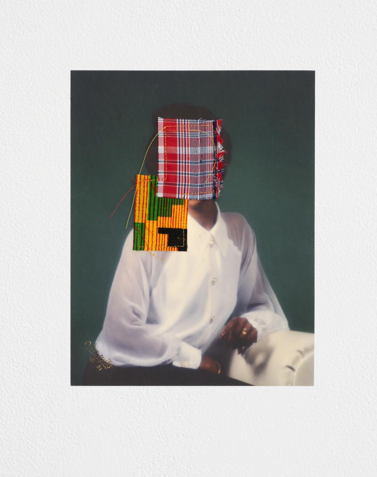 Collage of a photograph of a woman with fabric scraps covering her face