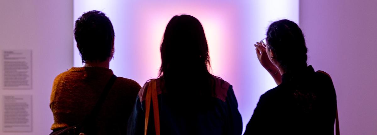 Three visitors in galleries looking at Leo Villareal's Scramble