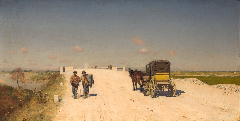 a pastoral painting, with a wide open sky, of travelers on a dusty road 