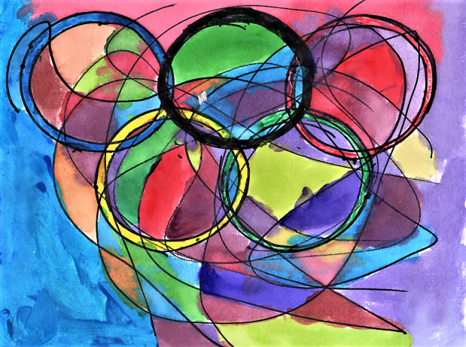 Colorful painting of flag with Olympic rings 